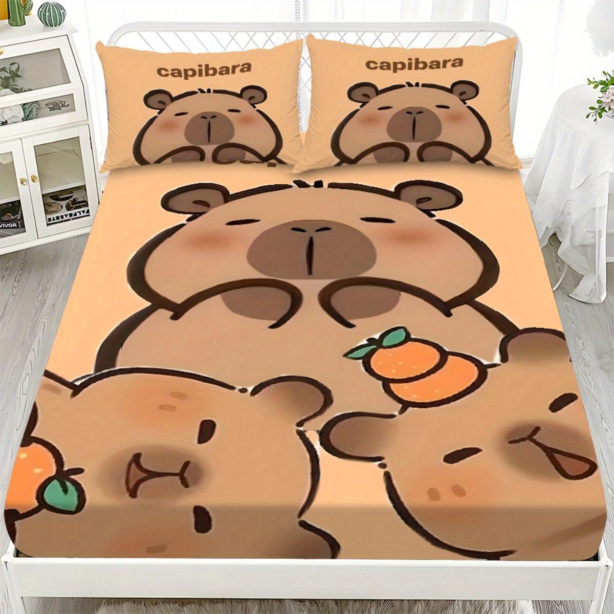 

3PCs Cute Capybara Polyester Sheet Soft Digital Cartoon Print Fitted Sheet With 2 Pillowcases Birthday Gifts For Kids Bedroom 120x200x25cm