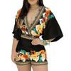 Deep V-Neck Lantern Half Sleeve Mid-Rise Women Jumpsuit Flower Printing Retro Trim Short Pants Romper Female Clothing