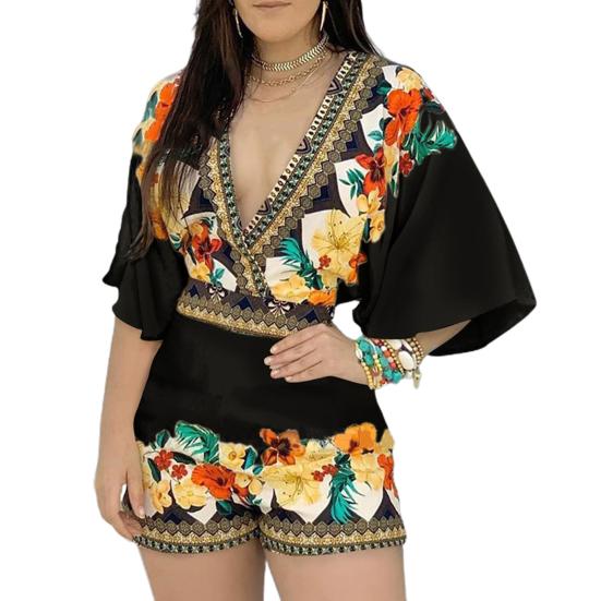 Deep V-Neck Lantern Half Sleeve Mid-Rise Women Jumpsuit Flower Printing Retro Trim Short Pants Romper Female Clothing