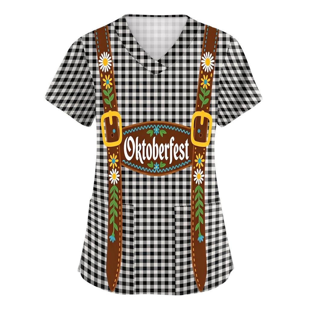 Women's V Neck Short Sleeve Work Top with Pockets Oktoberfest Print Plaid Pattern Comfortable Fit Casual Shirt for Healthcare and Service Industry
