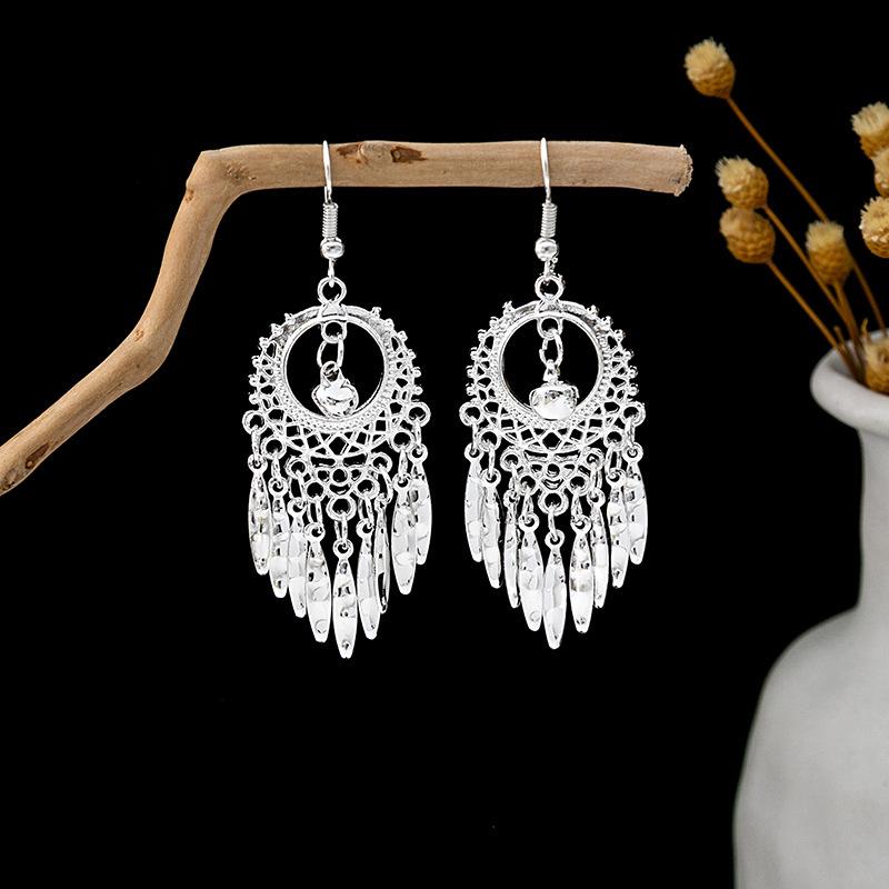 Ethnic Miao Silver Style Long Tassel Earrings with Ancient Scenic Stud Design for Women