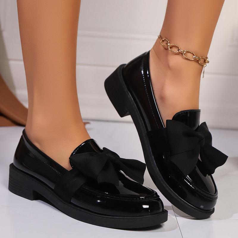 Autumn and winter new black retro small leather shoes thick heel platform college British style bow 35