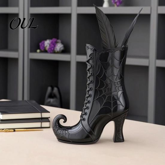 Mysterious Desktop Accent Gothic Witch Boot Vase, Halloween Table Centerpiece Black Spider Web Autumn Seasonal Display High Heel, Flower Holder