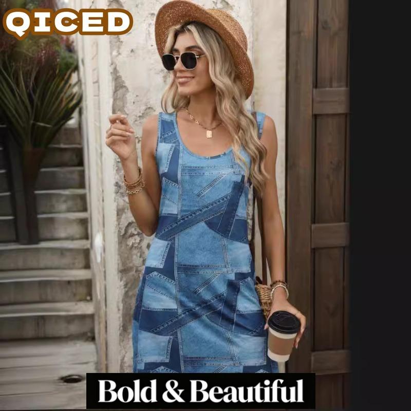 QICED Fashion Summer Spring Sleeveless U-Neck Casual Dresses