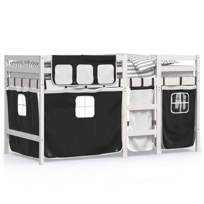VidaXL Children's Mezzanine Bed and Curtains, Mid Sleeper Bed with Storage, Bedroom Furniture, Modern, White/Black 3283829
