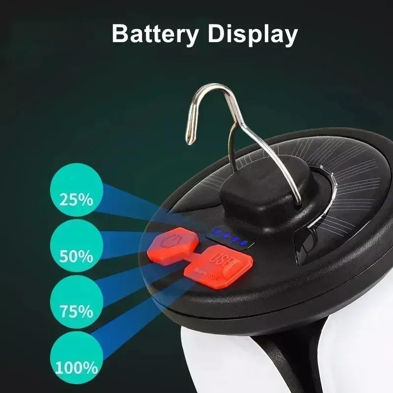 Portable Solar Camping Lantern LED Rechargeable Hanging Tent Lamp, Foldable Football Bulb with Hook Emergency Light for Outdoor Hiking Fishing
