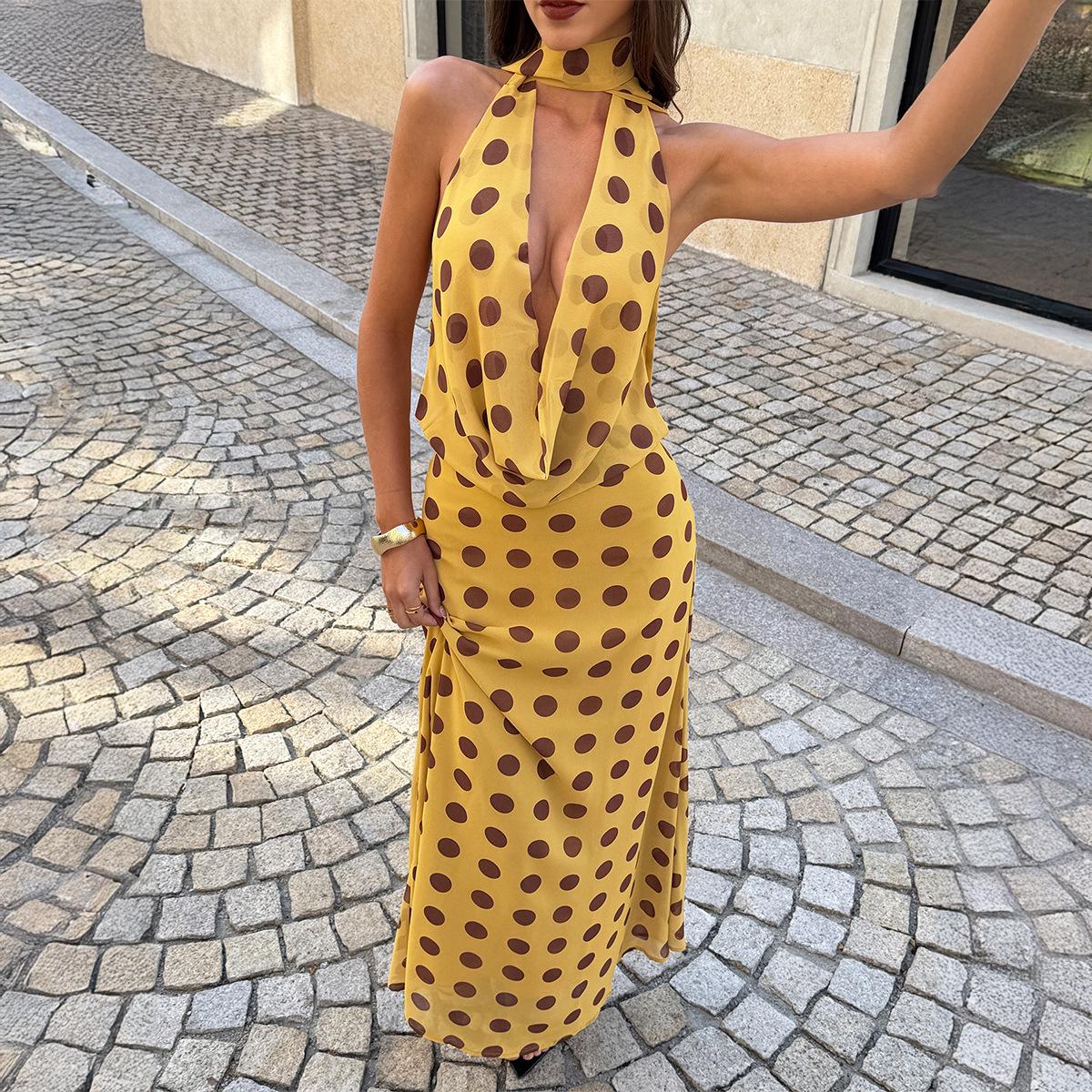 2026 Spring/Summer Retro Elegant Polka Dot Deep V-Neck Women s Dress L
