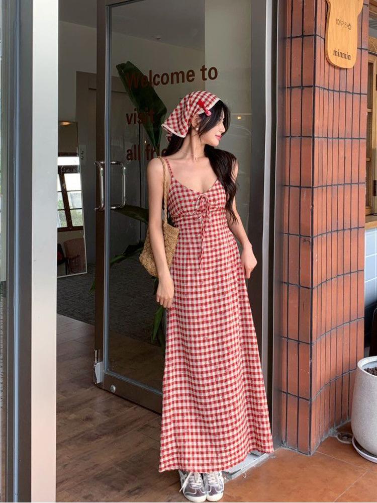 2026 Women's Red Plaid Open Back Strappy Summer Dress with Slim Waist and Pastoral Style Long Skirt