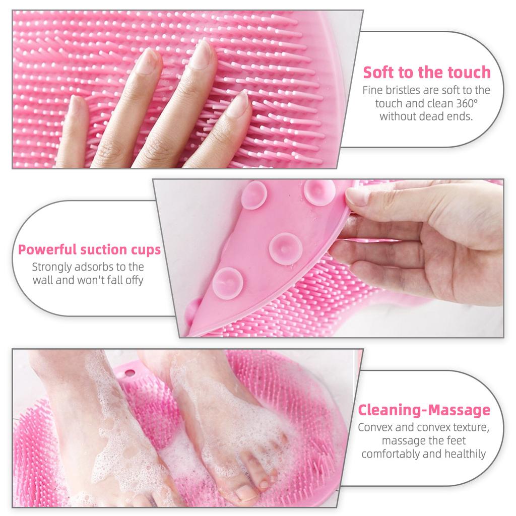 Bathroom Massage Brush and Pad Set Silicone Back Scrub Brush Non Slip Foot Washing Pad with Suction Cup Exfoliating Bath Tool
