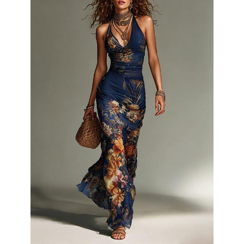 Abito Estivo Bohemien da Donna Retro Stampato Schiena Nuda con Bretelle e Fasciatura Monopezzo Orlo Ampio Stile Vacanza