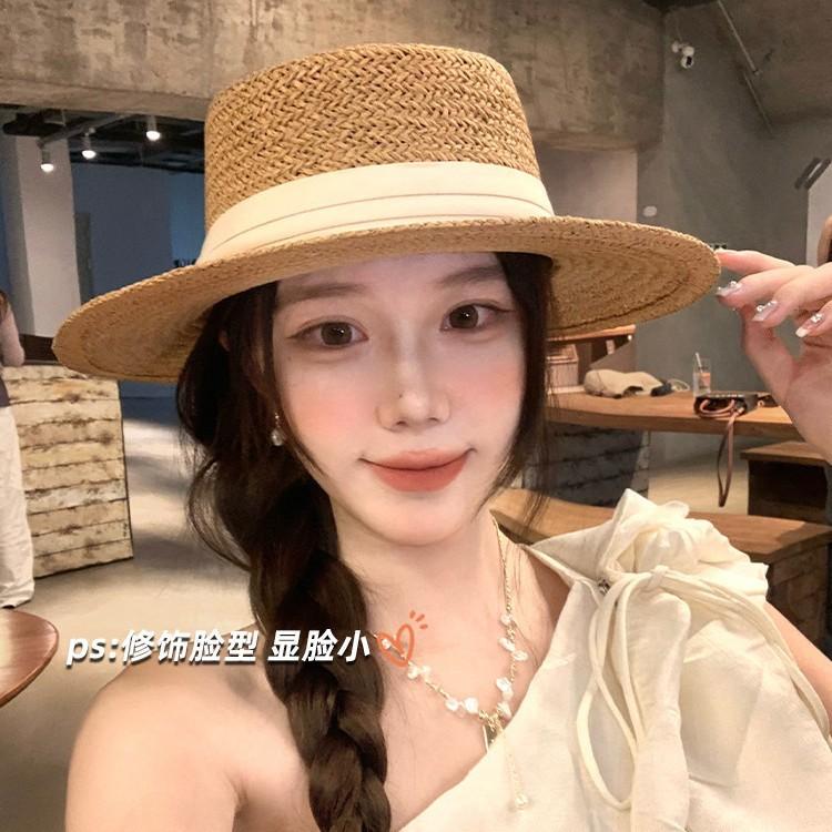 French retro old money wind flat top woven straw hat women's summer seaside vacation sun protection sun hat beach top hat