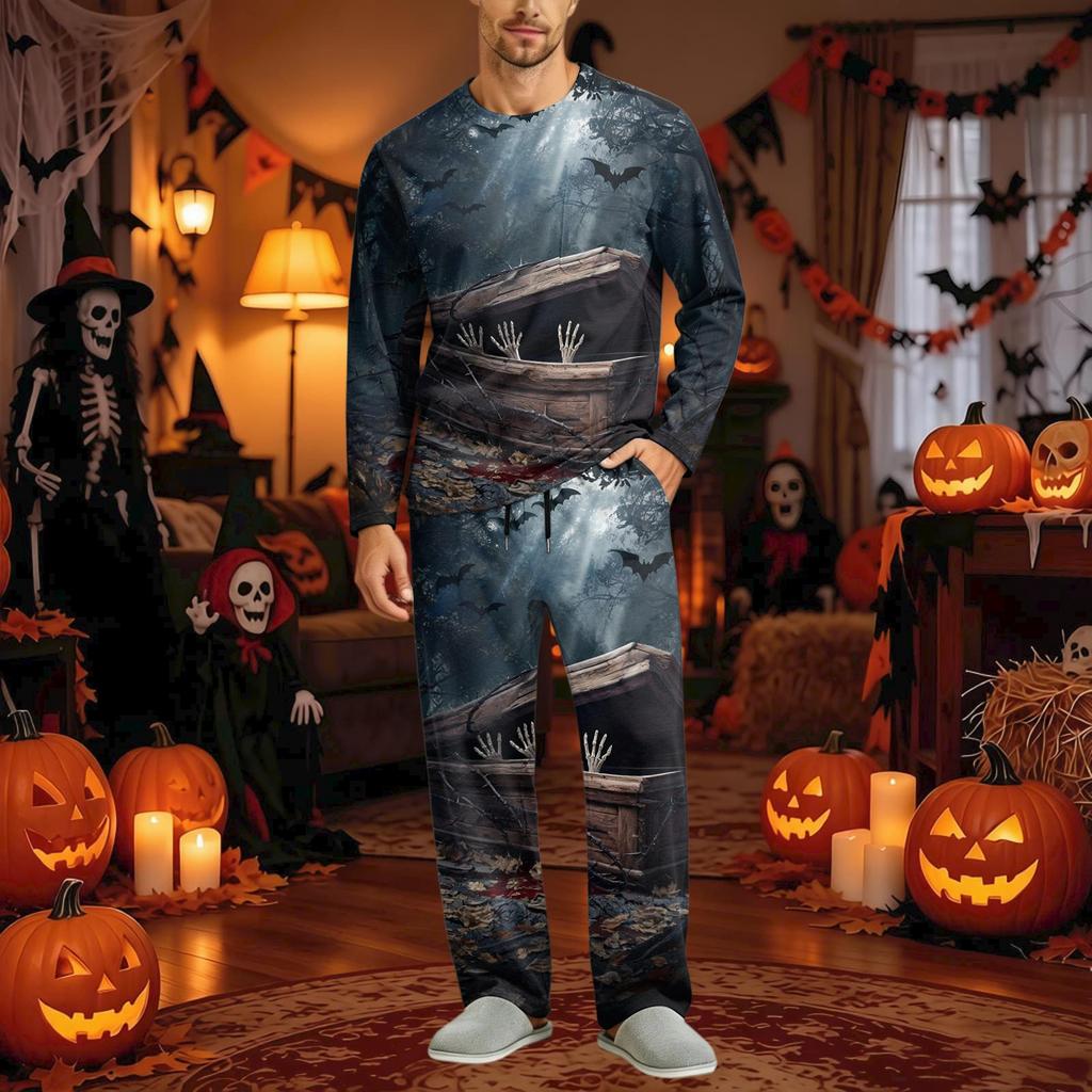 Men's Halloween Pajama Set Long Sleeve with Button Fly and Elastic Waist Drawstring for Sleepwear