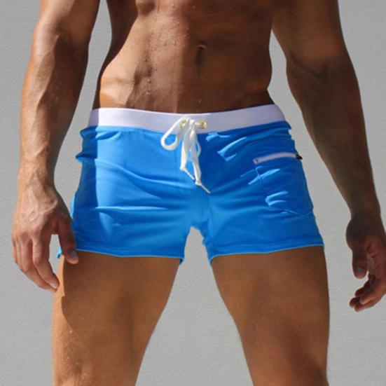Men Solid Color Swimming Trunks Drawstring Pocket Slim Fit Beach Shorts Swimwear