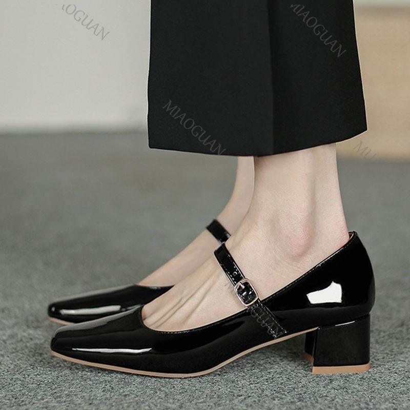 Fashion New Women's Red Black Mary Janes Shoes Leather Thick Middle Heel Dress Shoes Square Toe Shallow Buckle Strap Women's Pumps Shoes