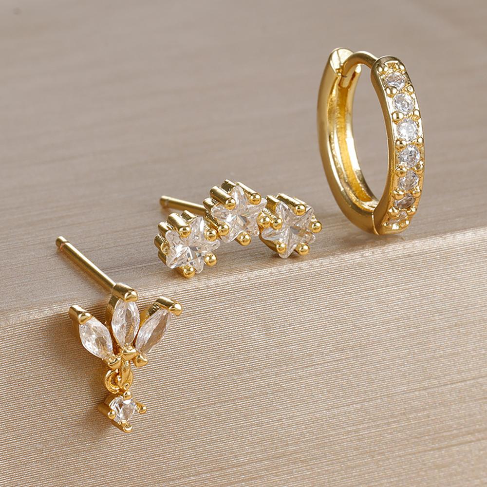 Stainless Steel Gold Color Star Hoop Earrings Set for Women 18K Gold Plated Round Zircon Stud Earring Piercing Jewelry