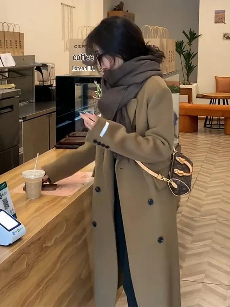 2023 Damen Kamelwollmantel - Mittellang, Koreanischer Stil, Lockere Passform, Langärmlig, Trendig für Herbst & Winter