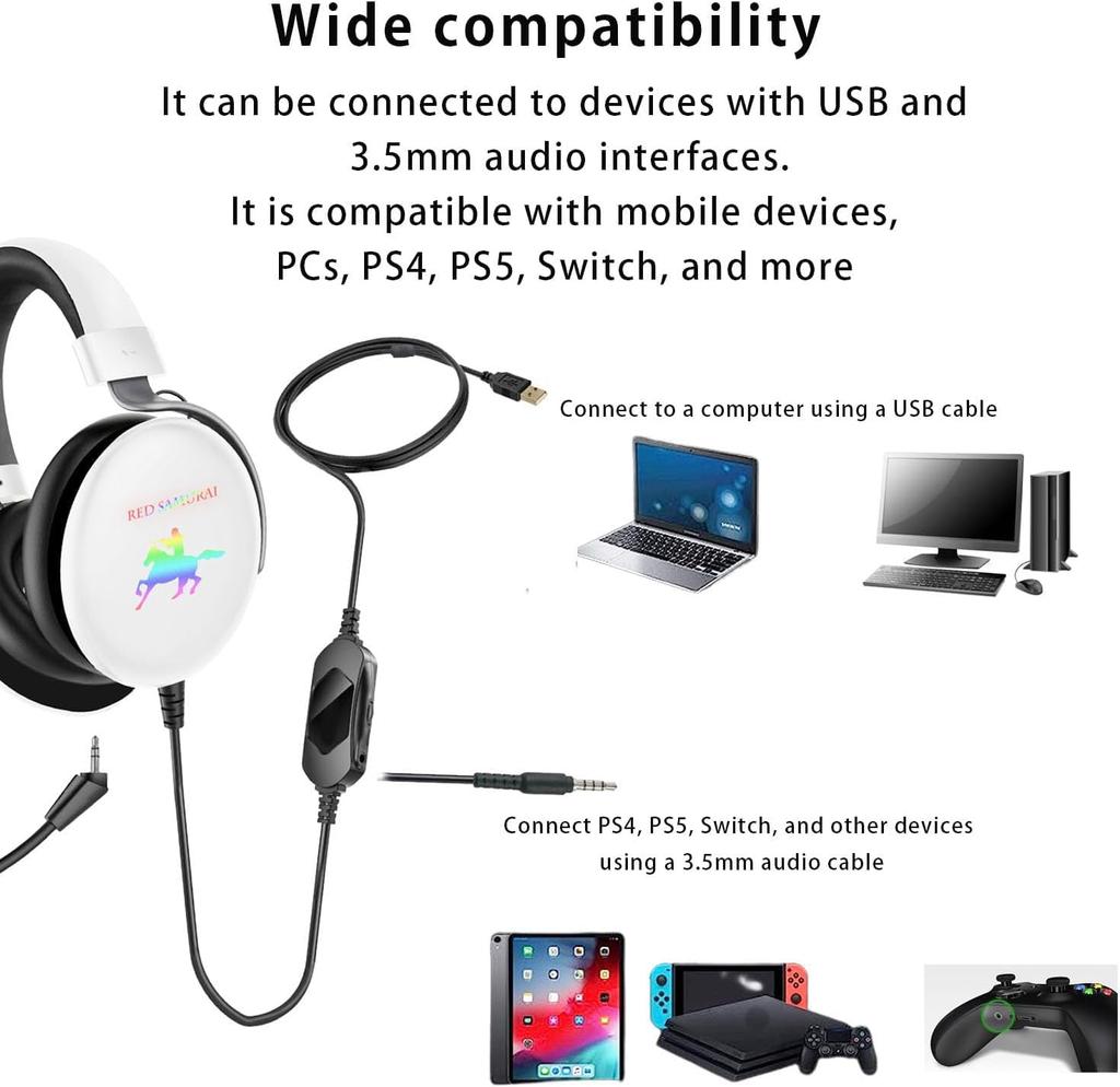 HKW Gaming Headset USB Memory Foam Ohrpolster 50mm Treiber Abnehmbares Mikrofon PC PS4 PS5 Xbox Nintendo Switch Kopfhörer LED Mobile Audiobuchse Sound Weiß