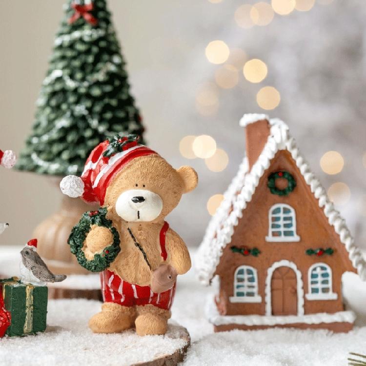 Festival Colorful Christmas Houses Tree Bear Statue Resins Miniature Figurine Ornament Seasonal Holiday Desktop Decors
