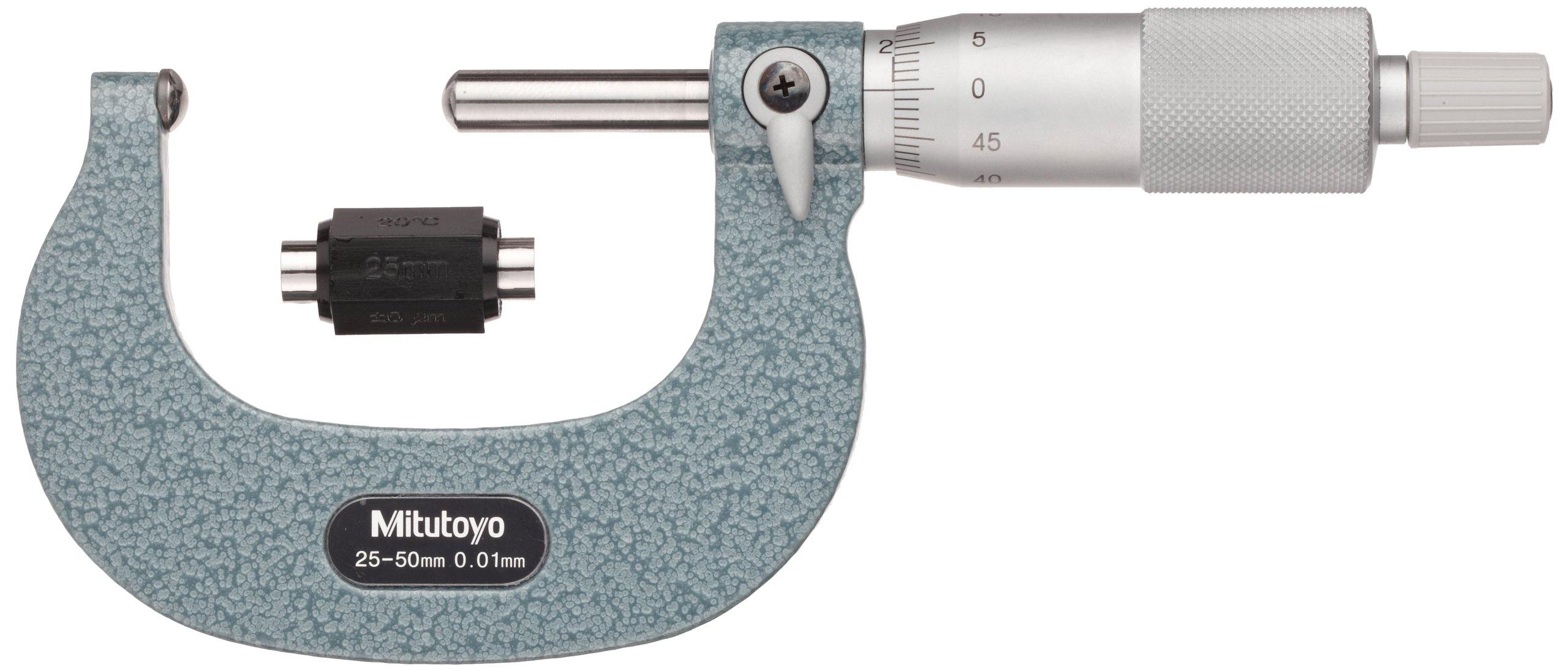 

Mitutoyo 115-216 Spherical Face Micrometer, Ratchet Stop, 25-50mm Range, 0.01mm Graduation, +/-0.003mm Accuracy, Spherical Spindle
