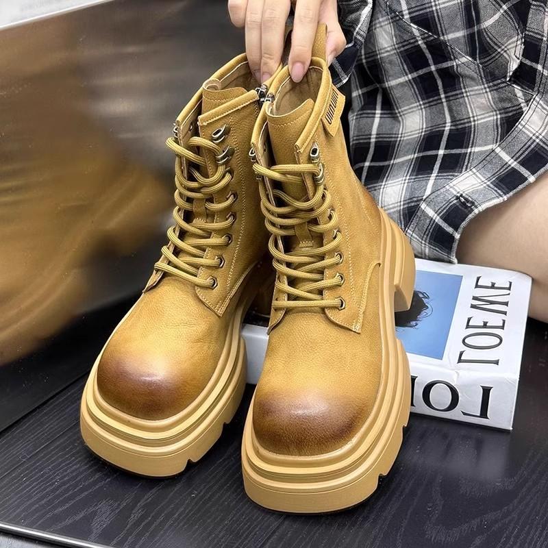 Thick-soled Thick-heeled Heightened Martin Boots Women's 2024 Autumn New Lace-up Retro Versatile Short Boots Flip-top Rhubarb Boots