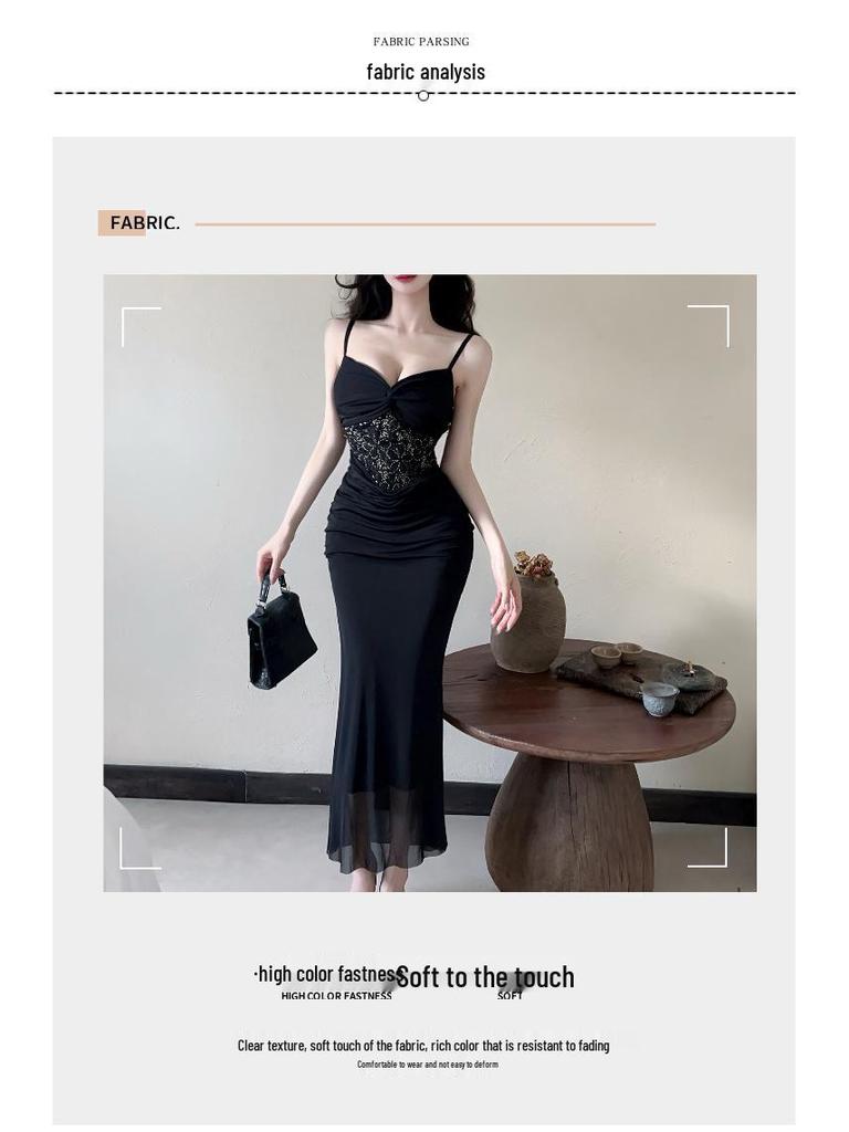 Elegant Noblewoman Mesh Splicing Camisole Dress - Sexy, Hip-Hugging Long Dress with Mature, Pure Desire Style