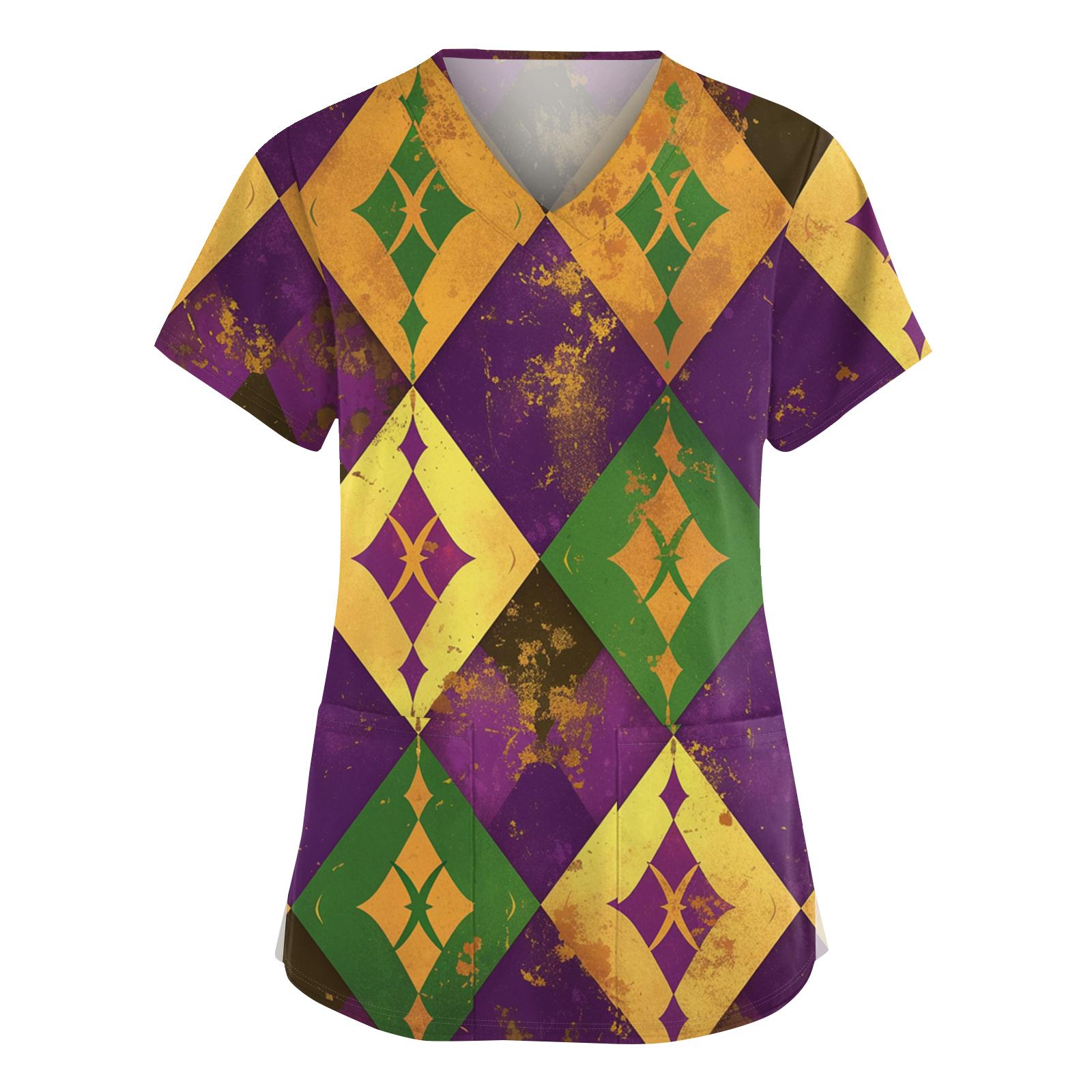 

Women s Fashionable V-neck Workwear Printed Short Sleeved Pocket Side Slit Workwear Basic Pullover Top S