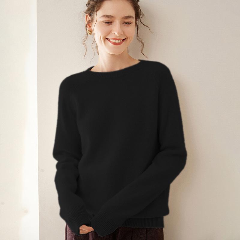 Women's Thick Cashmere Round Neck Raglan Sweater - Slim Fit, Soft Knit for Autumn/Winter