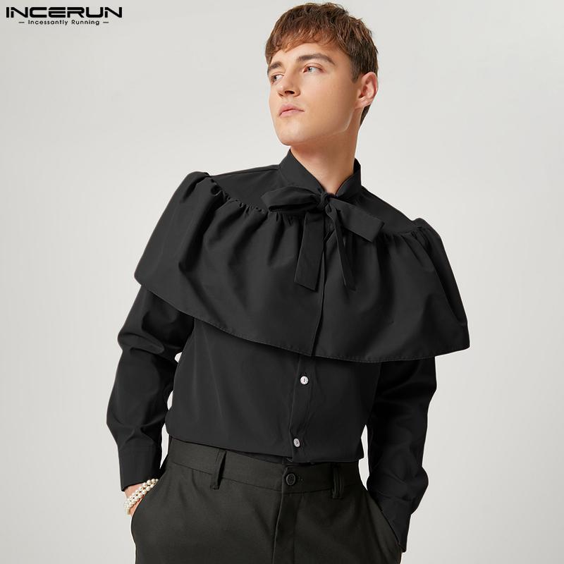 

INCERUN весенняя мужская накидка на пуговицах, повседневная Клубная одежда с бантом, рубашки, однотонная вечерние шаль, блузка с длинными рукавами, топы, S-5XL