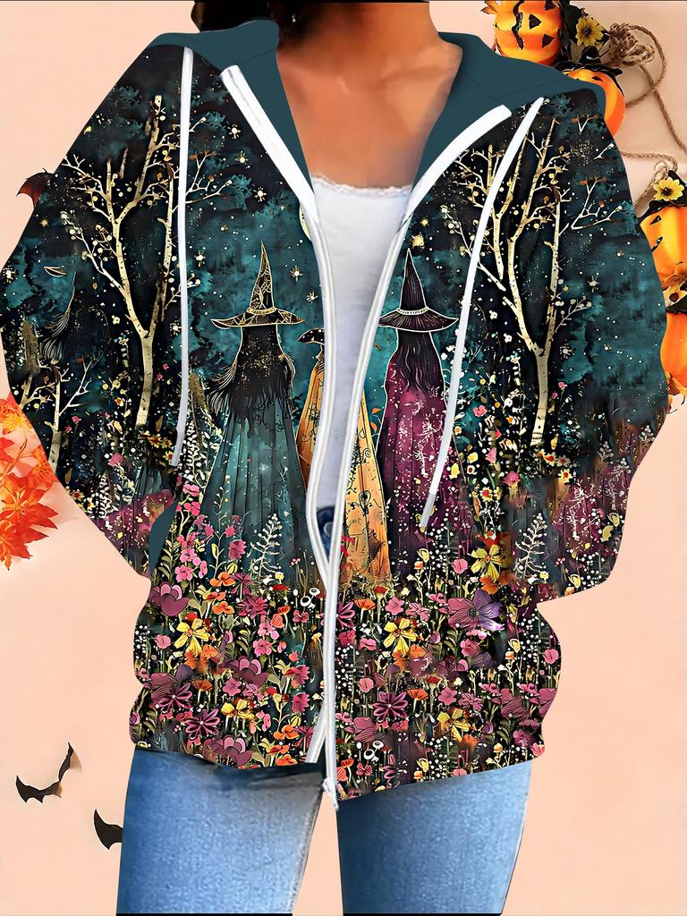 Halloween 3D Printed Hooded Cardigan Plus Size Autumn Winter Retro