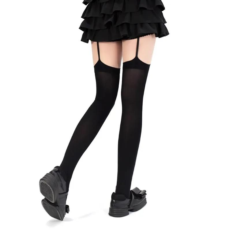 Personality Cross Decoration Women Suspender Socks Solid Color Thin Thigh High Lolita Anime Cosplay Gothic Over Knee Stockings