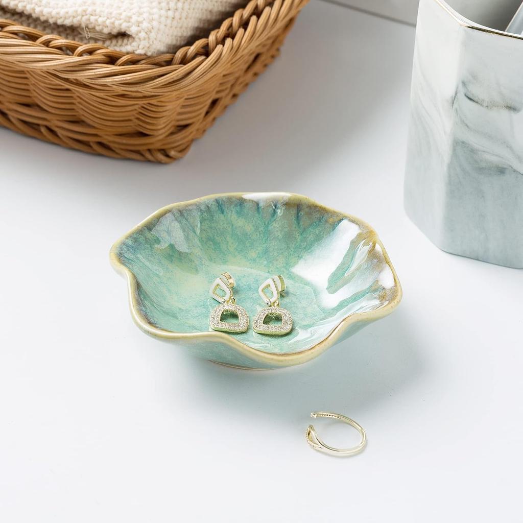 Plat à Bijoux Plateau Porte-Bagues Plateau à Bijoux en Céramique Bol à Clés Assiette Décorative pour Amies Sœurs Fille Mère Vert Émeraude