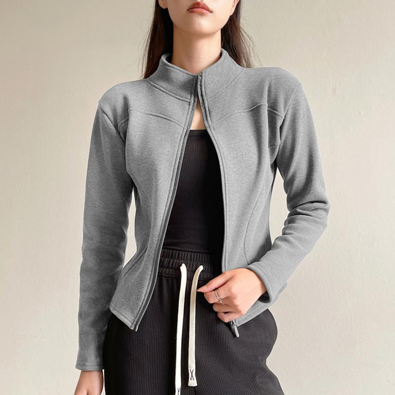 Giacca da donna slim fit con colletto alla coreana in finta lana con cerniera, cappotto casual a maniche lunghe tinta unita