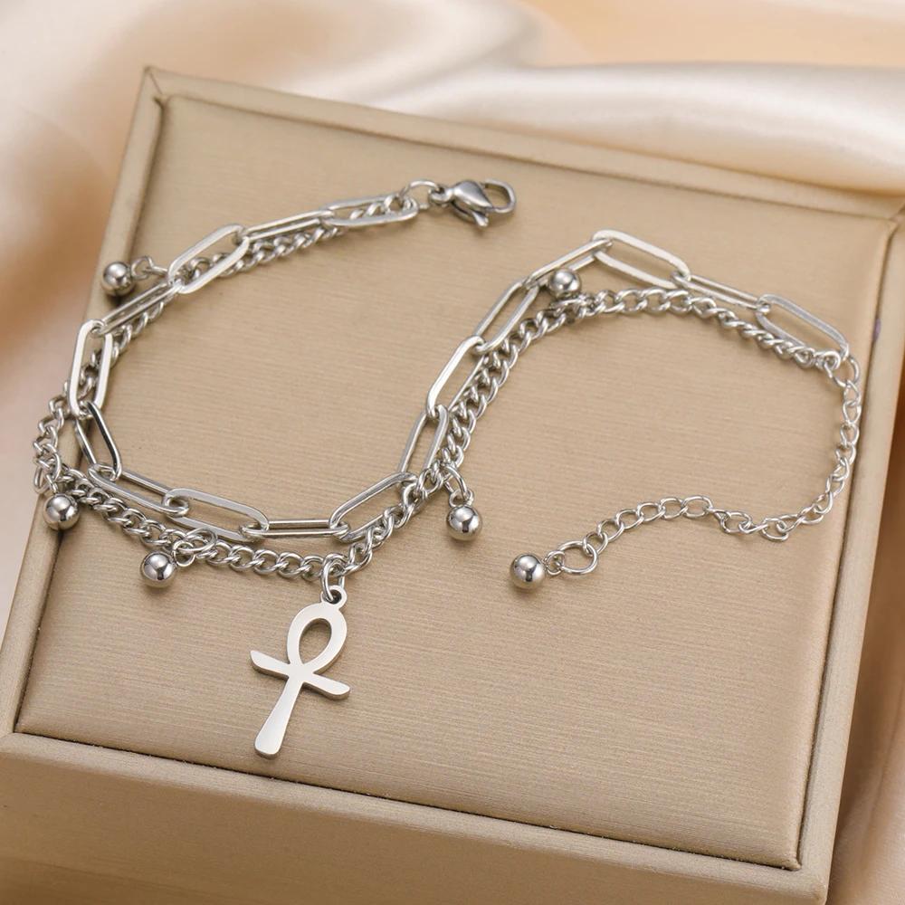 Retro Vintage Bracelet Charm Amulet Talisman Ankh Cross Men Women Egypt Egyptian Key Life Religious Jewelry Gift Hip Hop Rock Goth Gothic