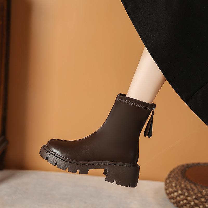 thick-soled Martin boots women's new spring and autumn single boots rear zipper round head thick heel thin short boots