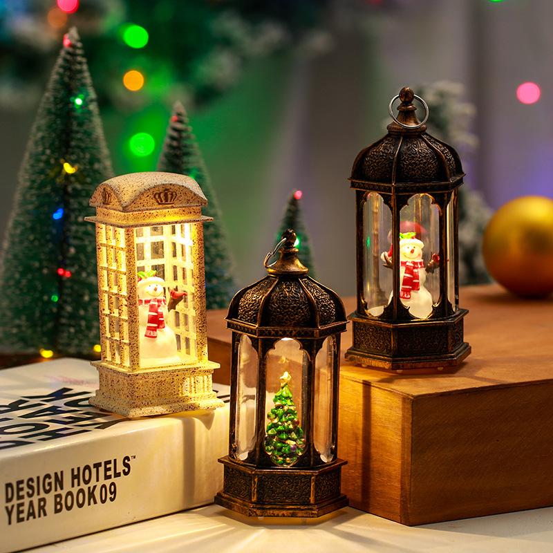 Christmas Decoration Hexagonal Wind Lantern Interior Water-filled Small Oil Lamp LED Light-emitting Christmas Wind Lantern Ornament Christmas Gift