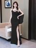 French Chic Nightclub Spaghetti Strap Dress with Slit Waist-Cinched Fishtail Skirt