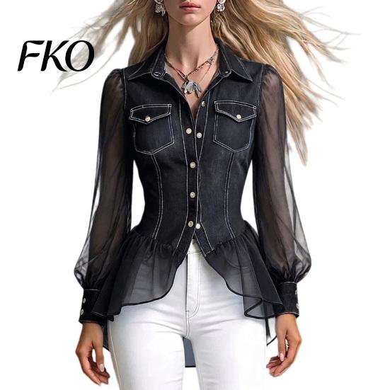 Women Mesh Detail Top Imitation Denim Tops for Women, Lapel Long Sleeve Shirt, Faux Blouse Patchwork Hem Blouse, Slim Fit Casual Work Party Date