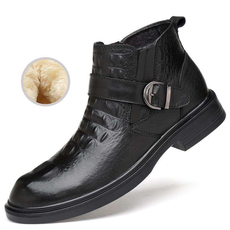 

Quality Men s Business Snow Boots Top Layer Cow Leather Office Winter Cotton Chelsea Boots Buckle Ankle Boots Plus Size 36-47 45