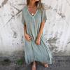 Womens Summer Maxi Dresses CV Neck Short Sleeve A-Line Dress Casual Solid Color Long Dress