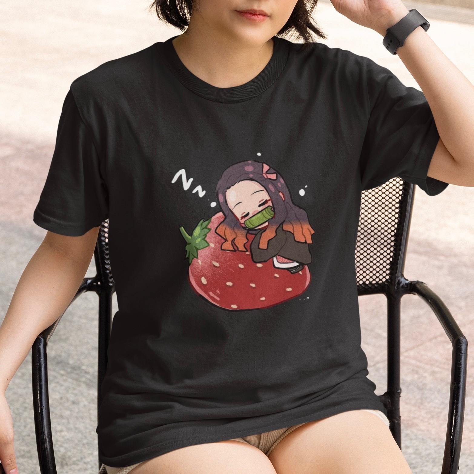 Anime Nezuko Strawberry Tee Unisex Cute Kawaii Demon Slayer Casual T-Shirt XXL