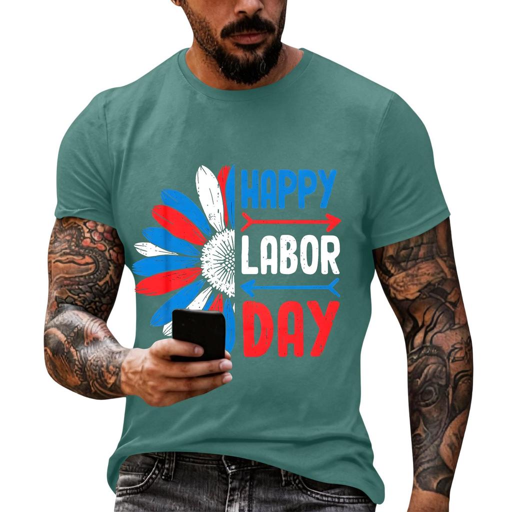 Men's Casual Loose Fit Short Sleeve T-Shirt Crew Neck Printed Graphic Tee for Labor Day Celebration Comfortable Everyday Wear