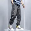 Summer Casual Loose Washed White Light-colored Jeans Men's Stitching Harlan Waist Nine-point Pants