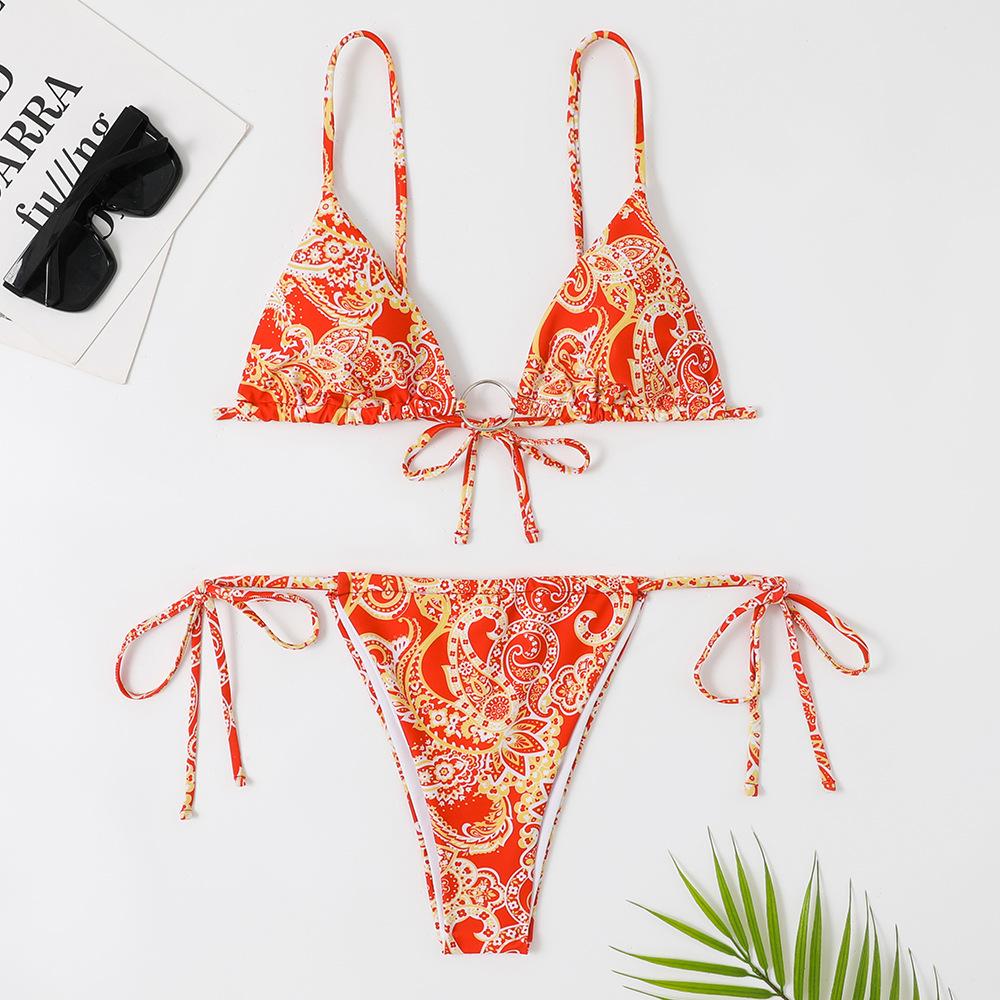 2023 Europäischer & Amerikanischer Damen Dreieck Schnürung Ringdruck Kreuz Cutout Sexy Bikini