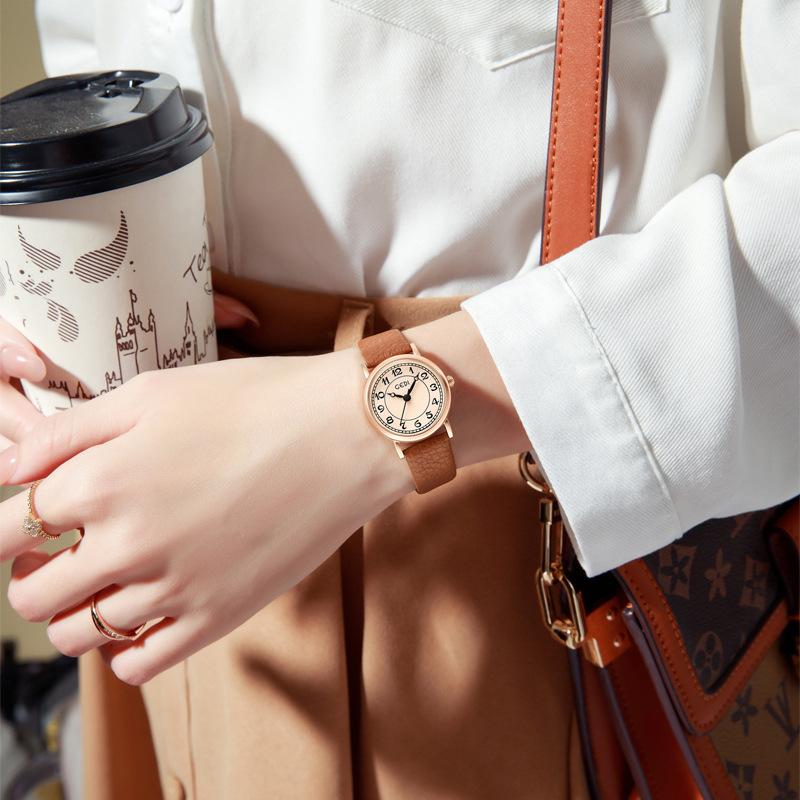 Retro Niche Student Watch, Simple Temperament, High-End Lychee Pattern Belt Watch, Women'S Waterproof Quartz Watch