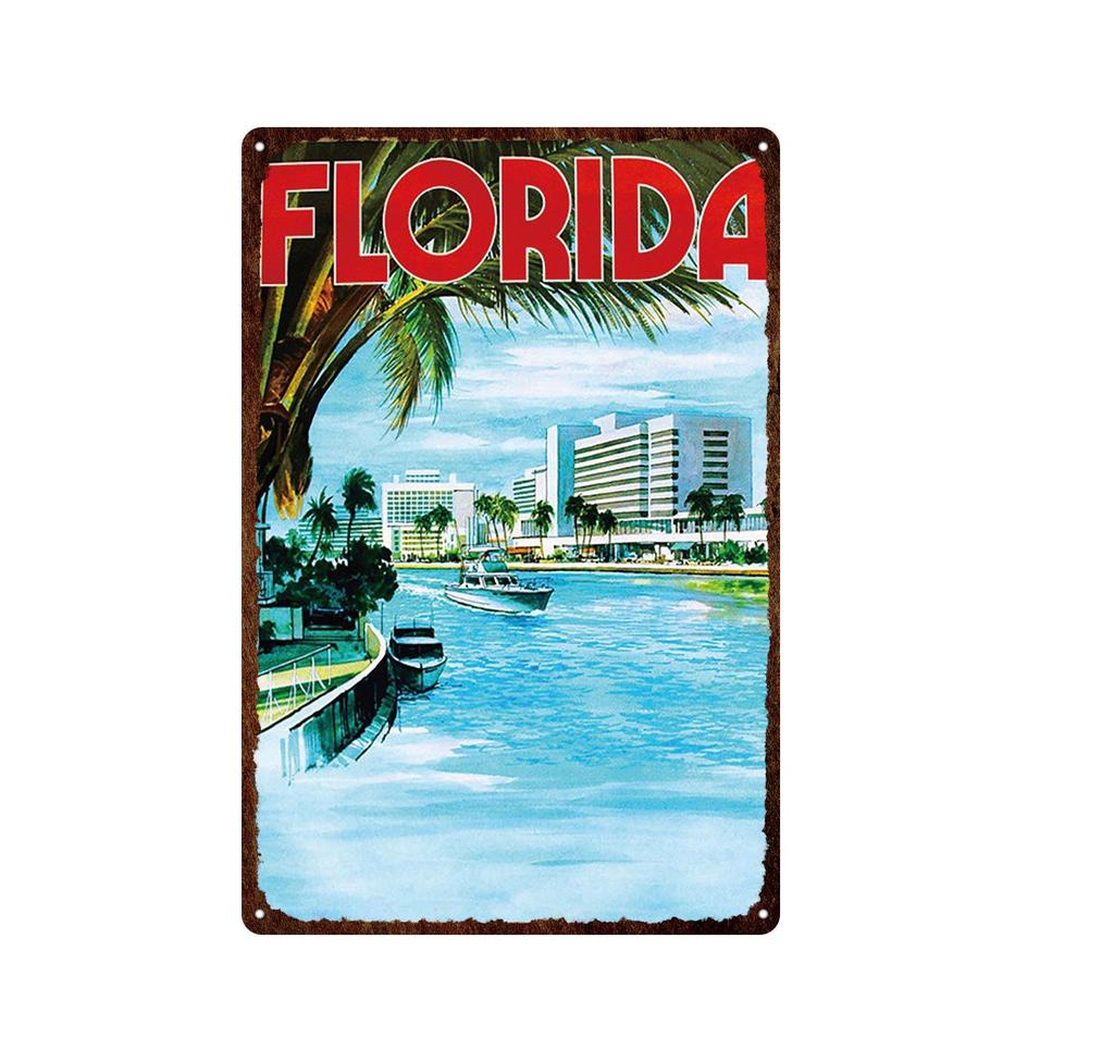 Panneau en métal avec paysage de bord de mer hawaïen Waikiki, célèbre ville touristique rétro, Plaque décorative de surf/voiture, peinture en fer, 20x30cm