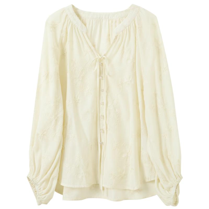 Sancai V-Neck Embroidered Lantern Sleeve Blouse