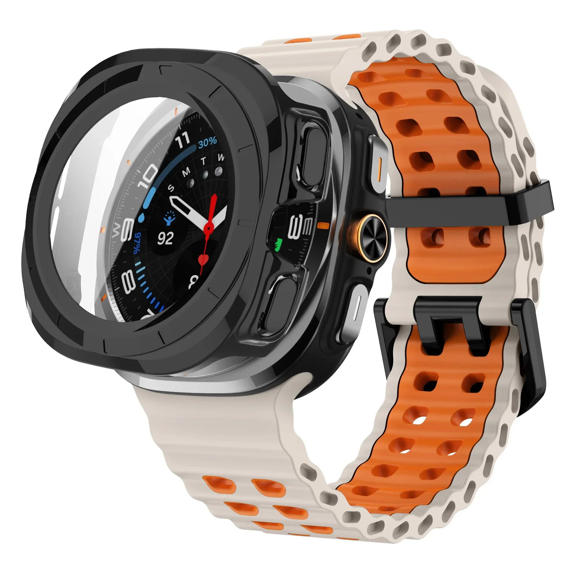 

Закаленное Стекло Чехол+Ремешок Для Samsung Galaxy Watch 7 ultra 47мм Двухцветный Спортивный силиконовый Браслет Galaxy Watch Ultra7 Чехол Корпус Galaxy Ultra 47MM