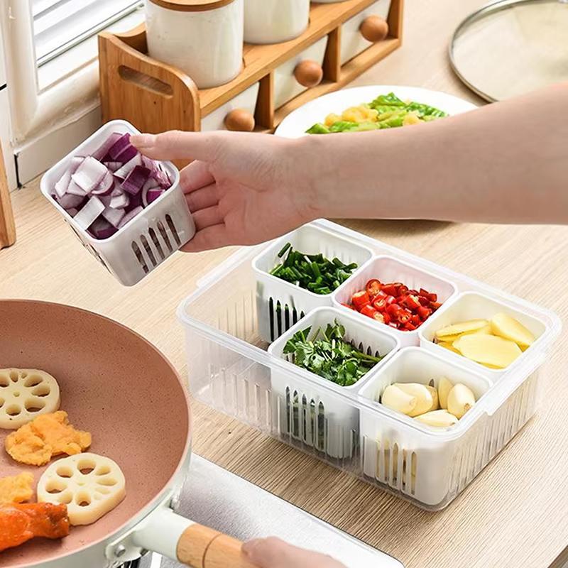 4/6 Grids Refrigerator Storage Box Onion Ginger Garlic Vegetable Drainage Basket Ingredients Storage Container Kitchen Organizer