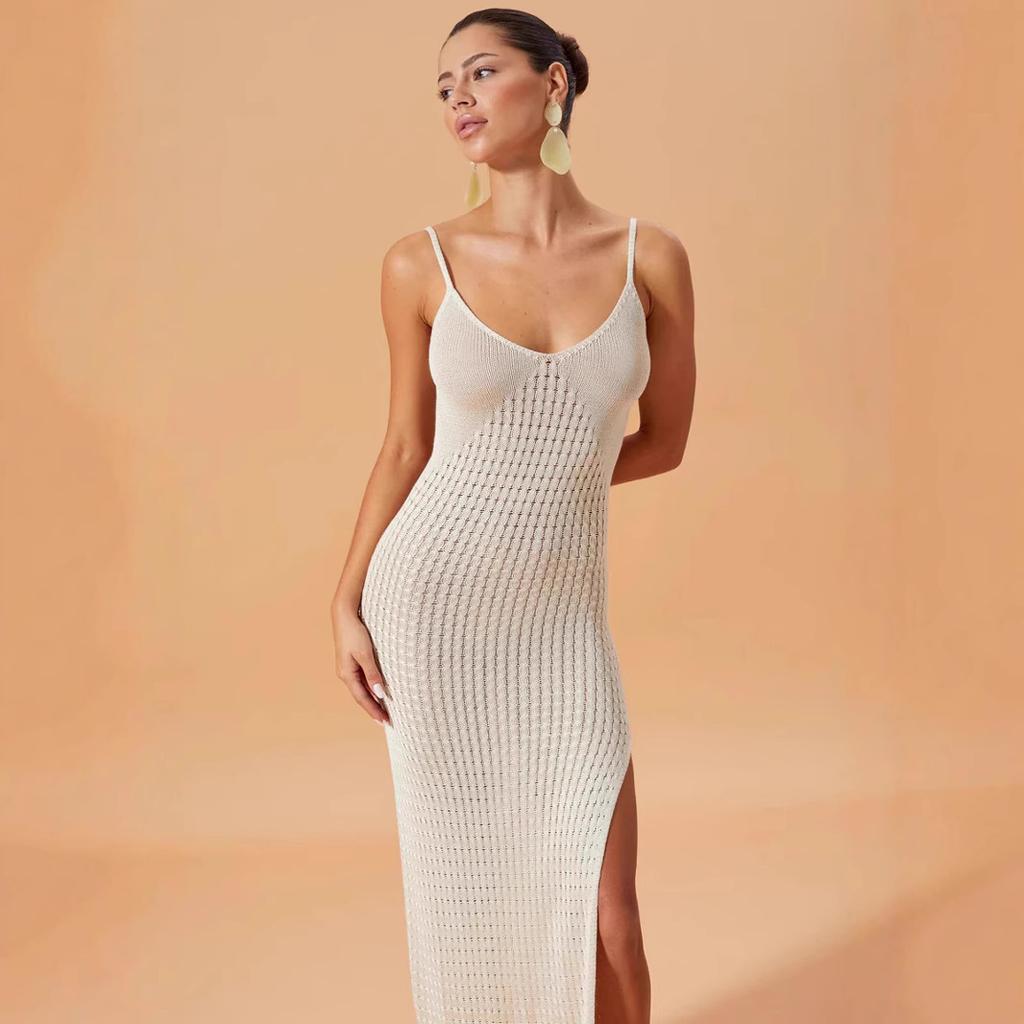 2026 summer new beach dress women's solid color suspender knee vacation bikini swimsuit with dress