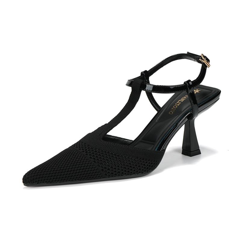 High heels women's stiletto high-end French pointed mesh sandals T-band middle heel fairy style single shoes celebrity style